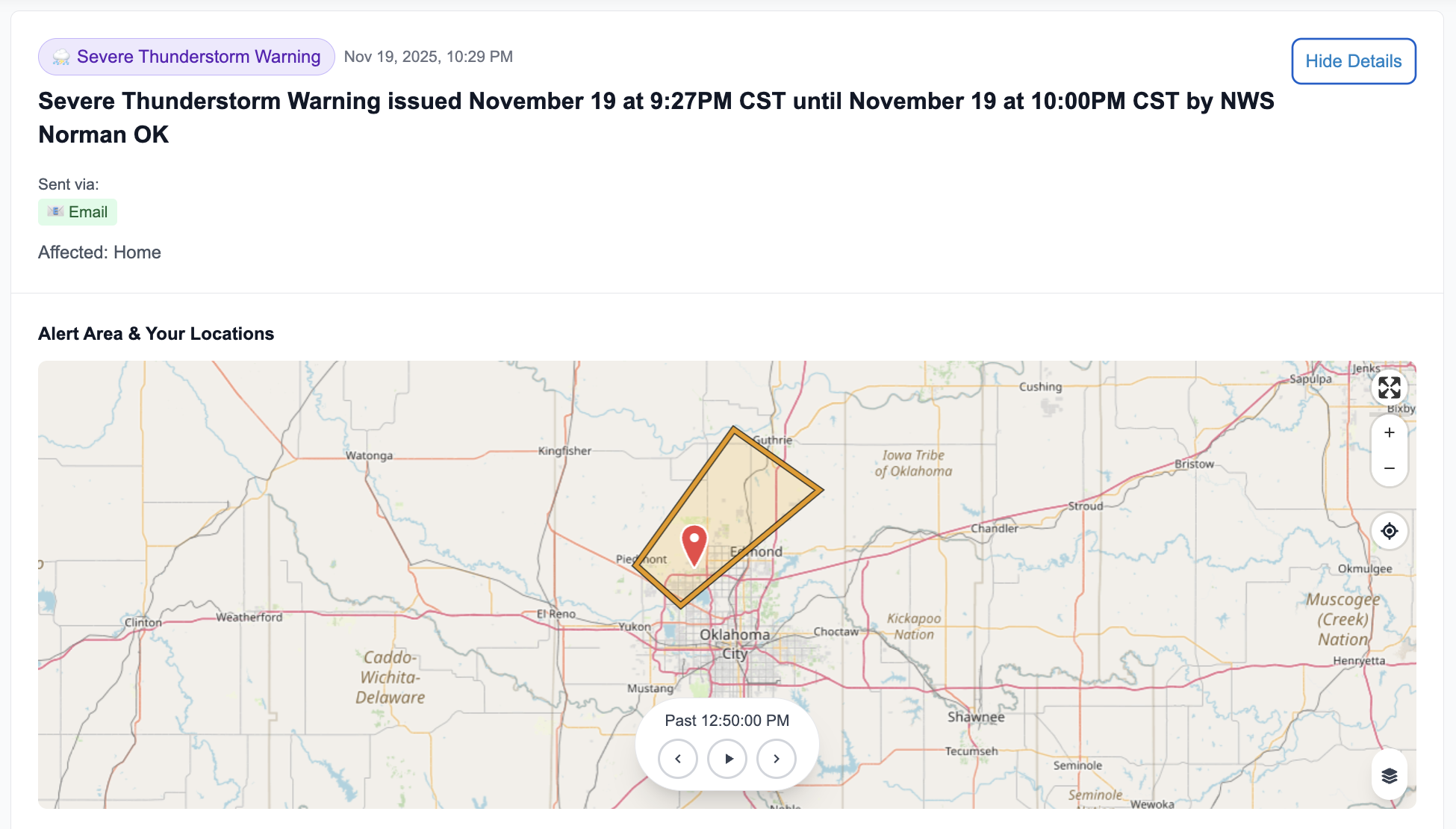Example severe weather alert showing detailed warning information and affected locations